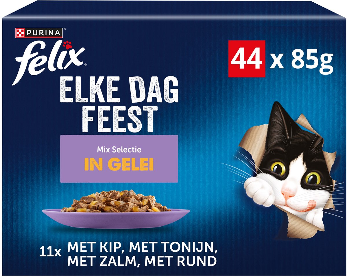 Felix elke dag feest in gelei mix selectie - kattenvoer natvoer - tonijn zalm rund kip - 44 x 85 g