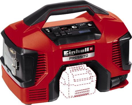 Einhell accu compressor pressito li solo - power x-change - 18 v li-ion - aanzuigcapaciteit hogedruk- lagedrukpomp: 21 380 l min - max. werkdruk hogedrukpomp: 11 bar - incl. 3-delige adapterset - excl. accu en lader