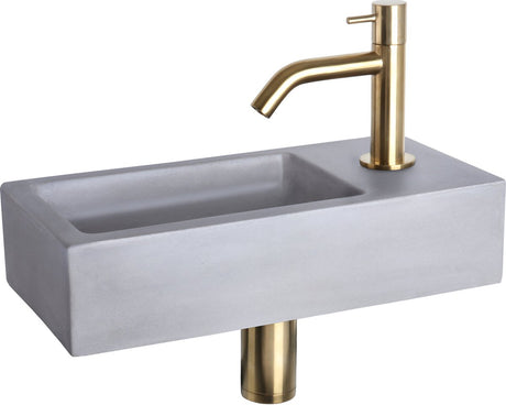 Differnz ravo fonteinset voor de badkamer - wasbak van beton in lichtgrijs - gebogen kraan in mat goud - messing kraan, afvoerplug en sifon inbegrepen - opbouw montage - afmetingen 38.5 x 18.5 x 9 cm