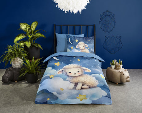Pure dekbedovertrek schaap, sterren, maan - 1 persoons 140x200 220 cm - blauw - microvezel
