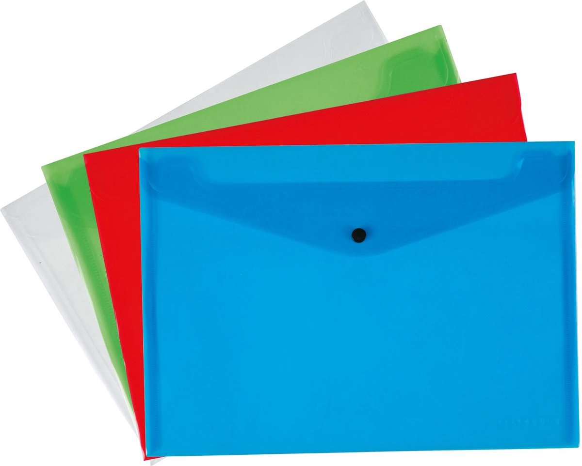 Q-connect documentenmap, a4, transparante pp, drukknopsluiting, geassorteerde kleuren, pak van 12 stuks