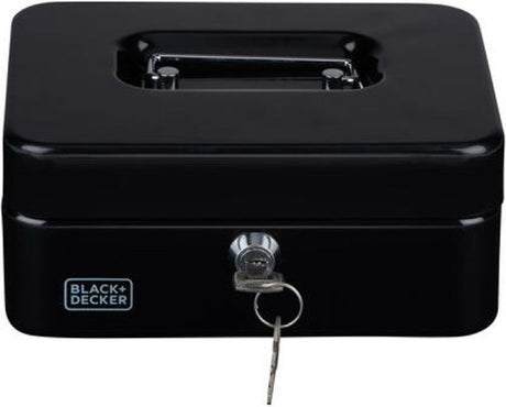 Black+decker geldkistje met sleutel - uitneembare lade met 5 vakken - incl. 2 sleutels - 20 x 16 x 9 cm - metaal - zwart