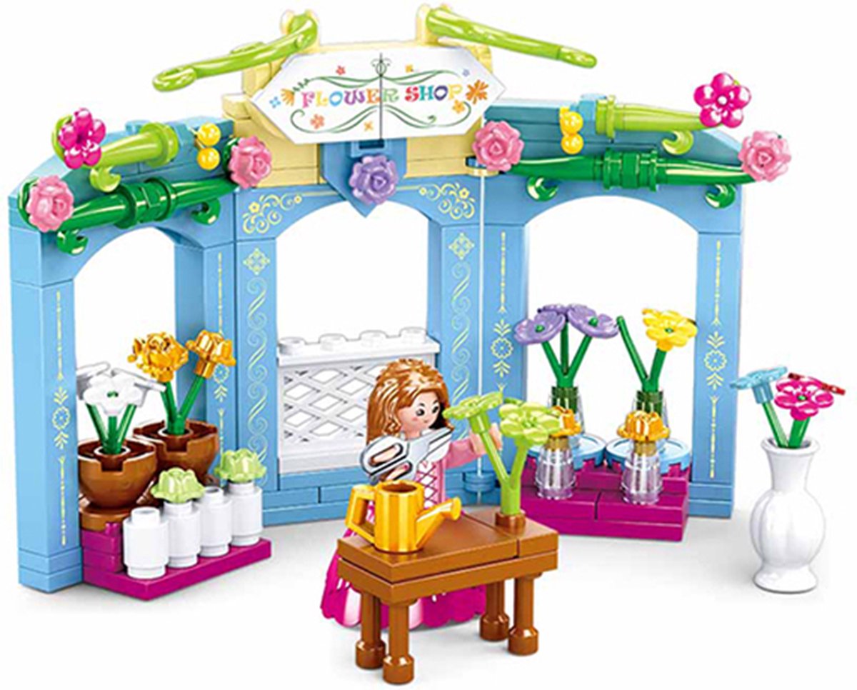 Sluban village periode bloemisterij bouwspeelgoed kinderen vanaf 6 jaar – constructiespeelgoed modelbouw bloemenwinkel – bouwdoos met 154 bouwstenen en 1 minifiguur – m38-b0905