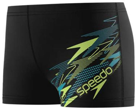 Speedo medley logo aquashort jongens - zwembroek jongens met vormvaste pasvorm - zwemshort jongens met voering - sportzwembroek kids met trekkoord - zwart groen - 128