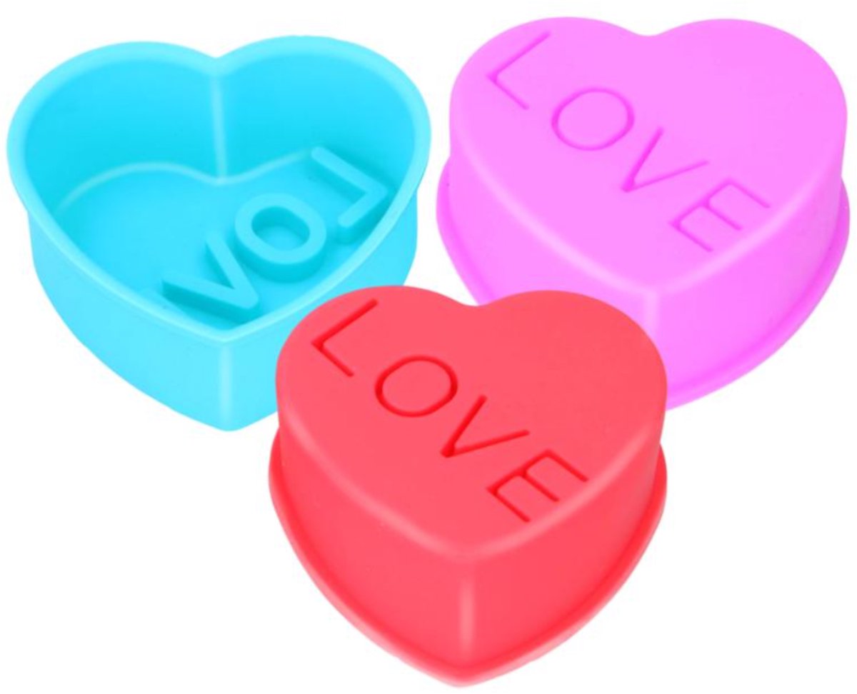 Alpina bakvorm hart - set van 6 stuks - siliconen bakvorm - ovenbestendig en flexibel - blauw, paars en rood - afmeting 8 x 7,5 x 3,1 cm - muffinbakvorm met 'love' opschrift