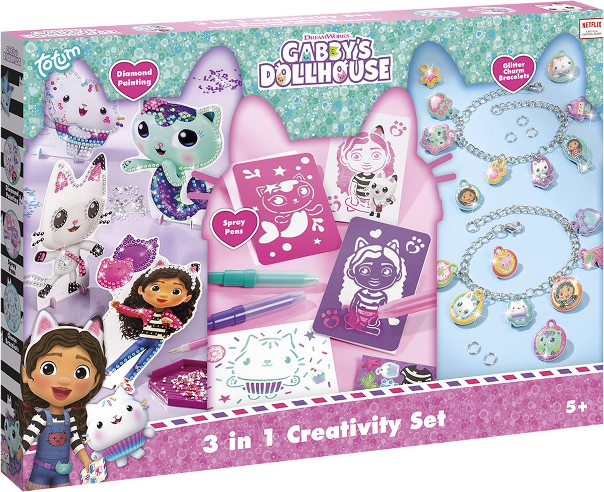 Totum gabby's poppenhuis 3-in-1 knutselset - bedelarmbandjes, diamond painting en blaaspennen - speelgoed kinderen - knutselen - voor meisjes - vanaf 4 jaar -
