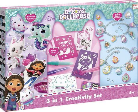 Totum gabby's poppenhuis 3-in-1 knutselset - bedelarmbandjes, diamond painting en blaaspennen - speelgoed kinderen - knutselen - voor meisjes - vanaf 4 jaar -