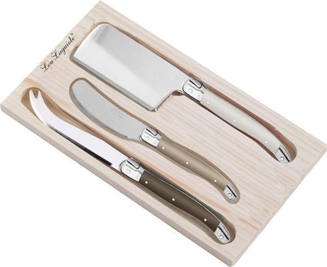 Amefa lou laguiole® 3-delige kaasset multicolour in houten geschenk- en opbergdoos – peper parelmoer taupe – 13 0 messenstaal – iconische laguiole-bij-cadeauverpakking