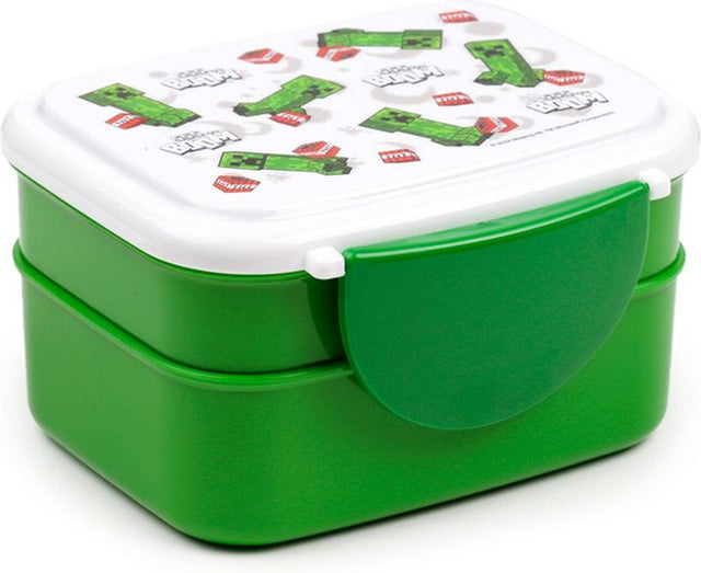 Merkloos sans marque bentobox lunchbox - minecraft creeper tnt - sss. . . boom - wit groen - bestek - 9x15,5x14cm
