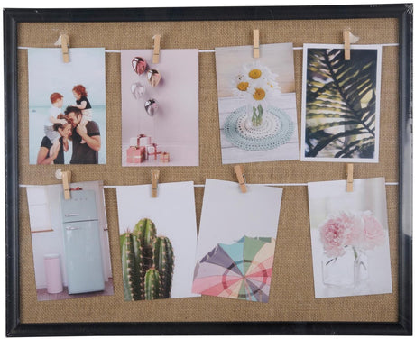 Arti casa lijst met 8 clips - foto en kaart houder - wanddecoratie met touw en knijpers - 50 x 40 cm - zwart