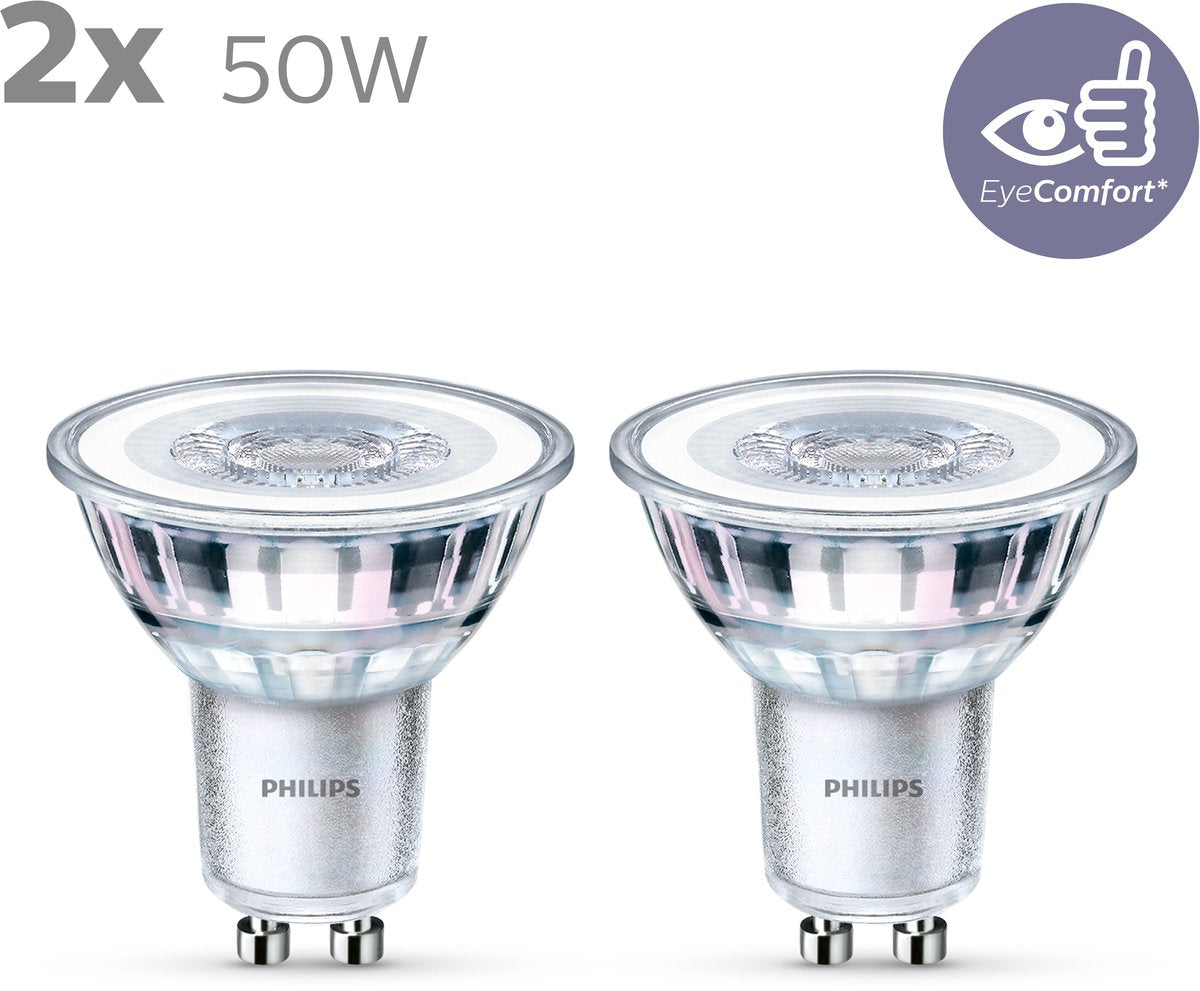 Philips led energiezuinige spot - 50 w - gu10 - warmwit licht - 2 stuks - bespaar op energiekosten