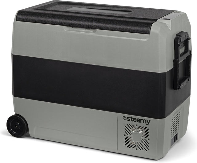 Steamy -e dual zone roller elektrische compressor koelbox op wielen - 56 liter - 12v en 230v - voor auto en camping - frigobox - grijs