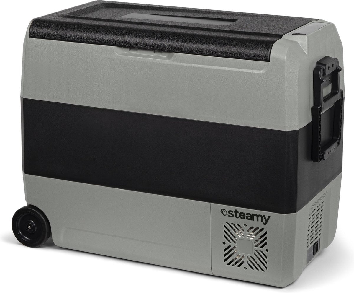 Steamy -e dual zone roller elektrische compressor koelbox op wielen - 56 liter - 12v en 230v - voor auto en camping - grijs