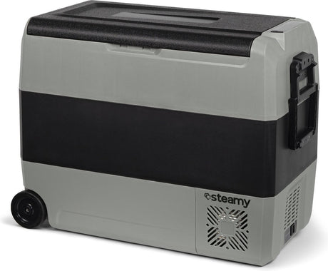 Steamy -e dual zone roller elektrische compressor koelbox op wielen - 56 liter - 12v en 230v - voor auto en camping - frigobox - grijs