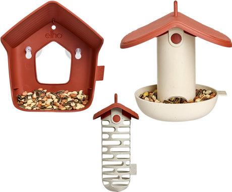 Elho cosy bird set - inclusief raamvoederhuis, vogelvoederhuis en vetbolhouder - 100% gerecycled plastic - toscaans rood