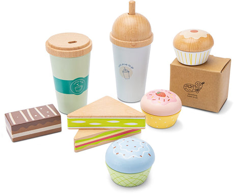 Woet ® houten koffie to go speelset - 12-delige set met to go bekers, gebakjes en sandwiches - winkel accessoires - rollenspel speelgoed - speelgoedeten - vanaf 2 jaar