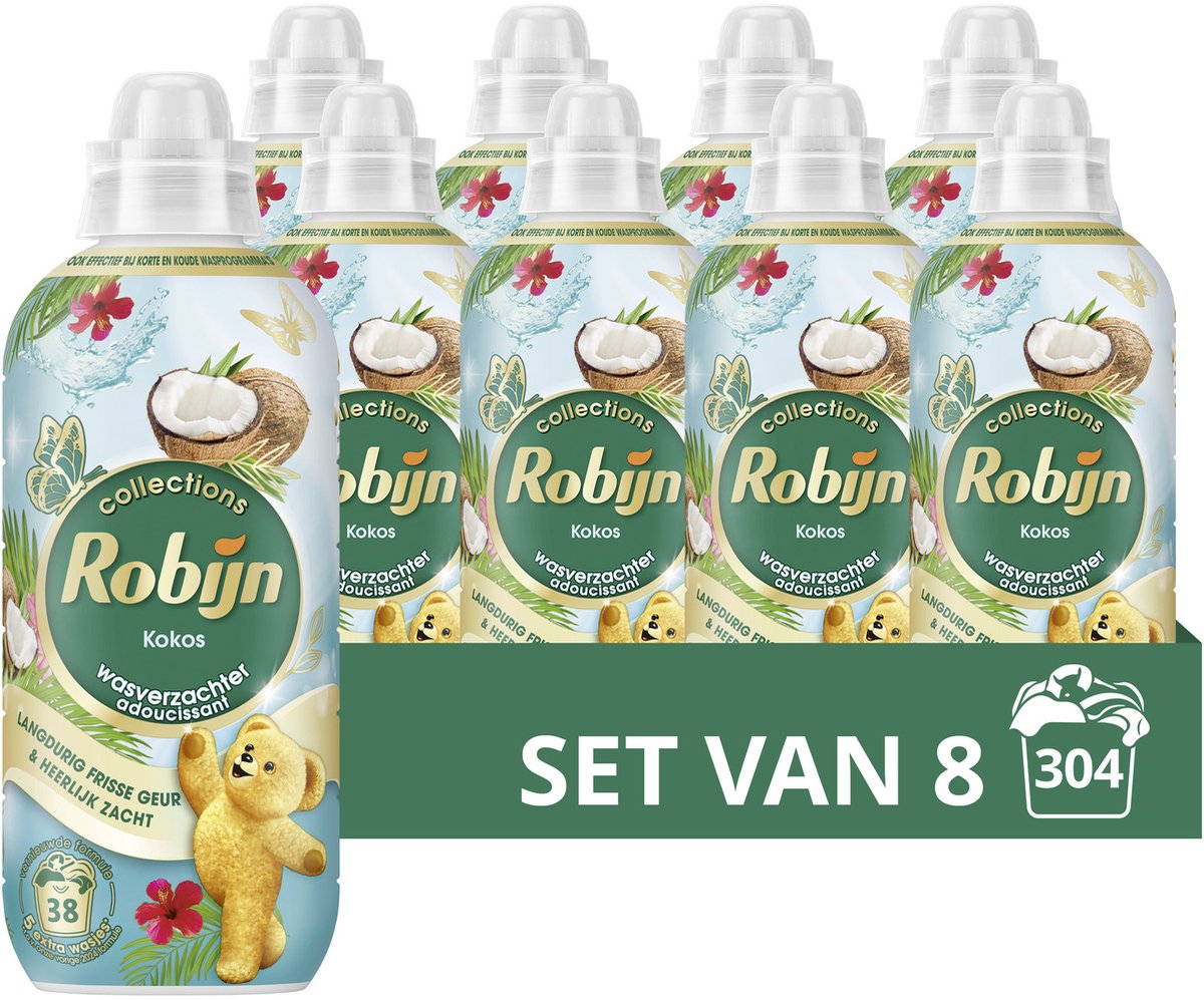 Robijn - wasverzachter - kokos - 8 flessen - 304 wasbeurten - voordeelverpakking