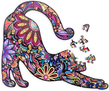 Engelhart houten puzzel kat – 59 unieke puzzelstukjes – a4 formaat houten legpuzzel – dieren puzzelspel – compact denkspel – inclusief opbergetui –
