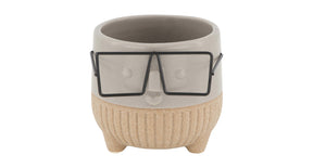 Planter face with glasses ceramic 8x8x7.3cm grey