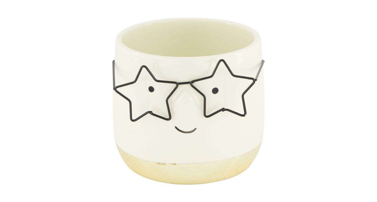Planter face with glasses ceramic 11.8x11.8x10.5cm gold
