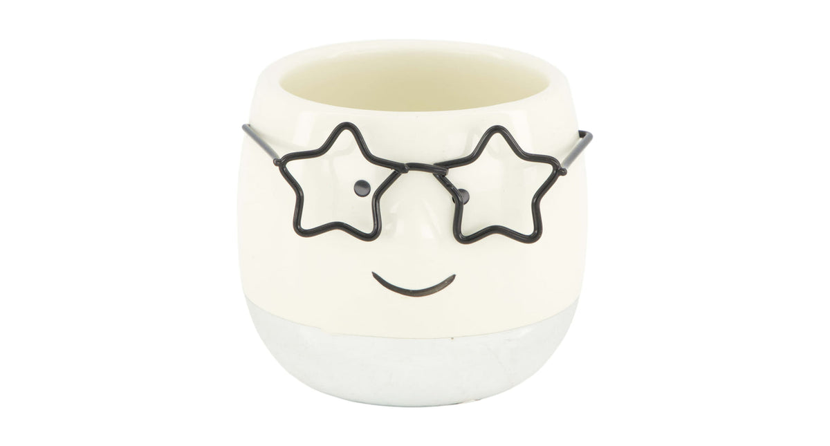 Planter face with glasses ceramic 7.5x7.5x6.5cm silver