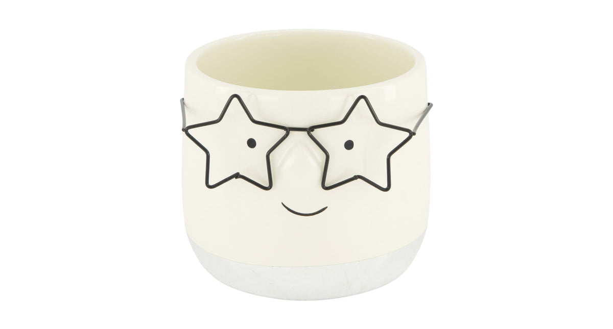 Planter face with glasses ceramic 11.8x11.8x10.5cm silver