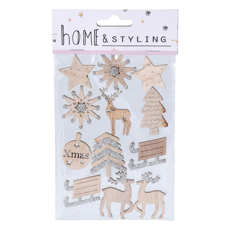 Houten kerst stickers met glitters, 12st.