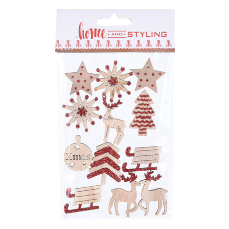Houten kerststickers met glitters, 12st.
