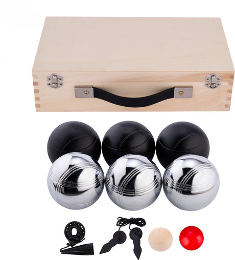 Engelhart metalen jeu de boules - 6 ballen in houten kist - zwart grijs - luxe set - pétanque - boules - metalen ballen - geschikt voor elke jeu de boules baan - longfield