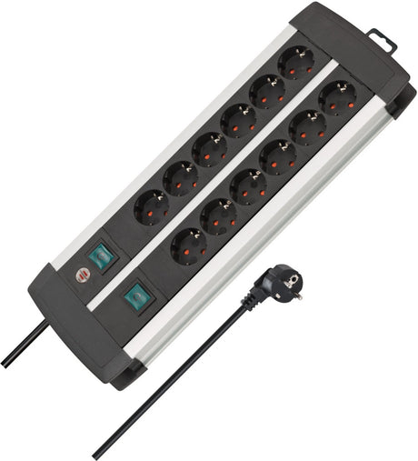Brennenstuhl premium alu-line stekkerdoos 12-voudig van hoogwaardig aluminium (met 2 schakelaars voor elk 6 contactdozen en 3 m kabel, made in germany)