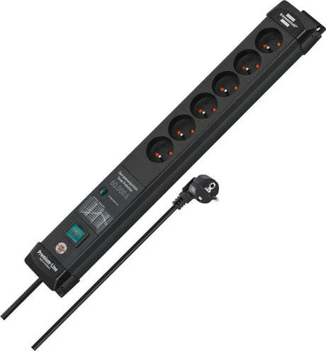 Brennenstuhl premium-line 60.000a stekkerdoos met overspanningsbeveiliging 6-voudig zwart 3m h05vv-f 3g1,5 *be*