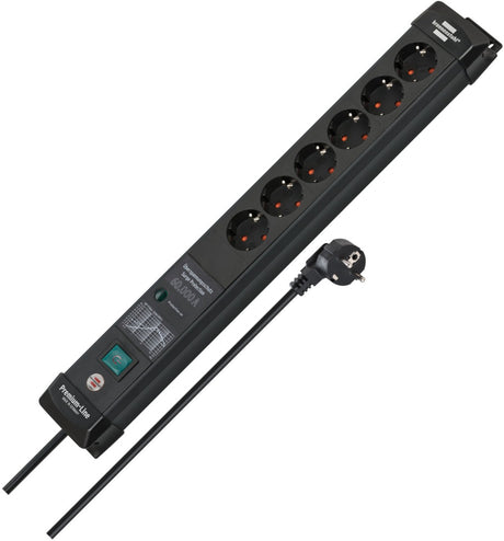Brennenstuhl premium-line 60.000a stekkerdoos met overspanningsbeveiliging 6-voudig zwart 3m h05vv-f 3g1,5