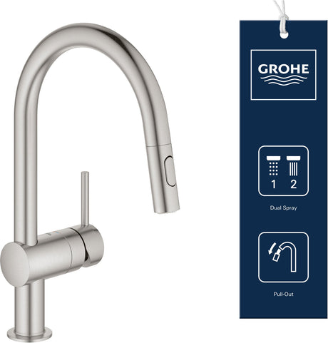 Grohe minta keukenkraan - hoge draaibare c-uitloop - met uittrekbare handdouche - 2 straalstanden - rvs (supersteel) - 32321dc2