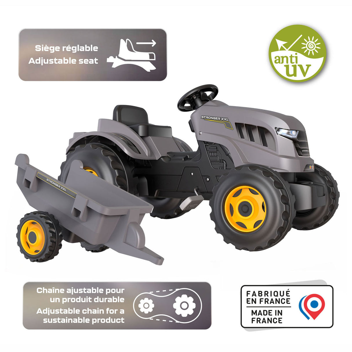 Smoby más fuerte tractor de pedal xxl con trailer gris