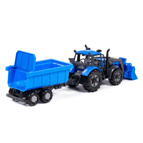 Cavallino tractor met lader en aanhang kiepwagen blauw, schaal 1:32
