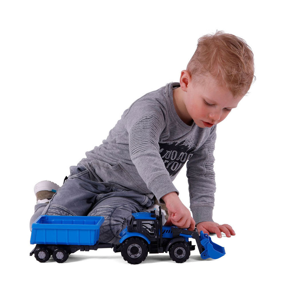 Cavallino toys cavallino tractor met lader en aanhang kiepwagen blauw, schaal 1:32