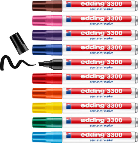 Edding 3300 permanent marker - 10 kleuren - 10 stiften - beitelpunt 1-5 mm - water en wrijfvast - voor karton, kunststof, hout, metaal, etc. - alcohol markers voor volwassenen