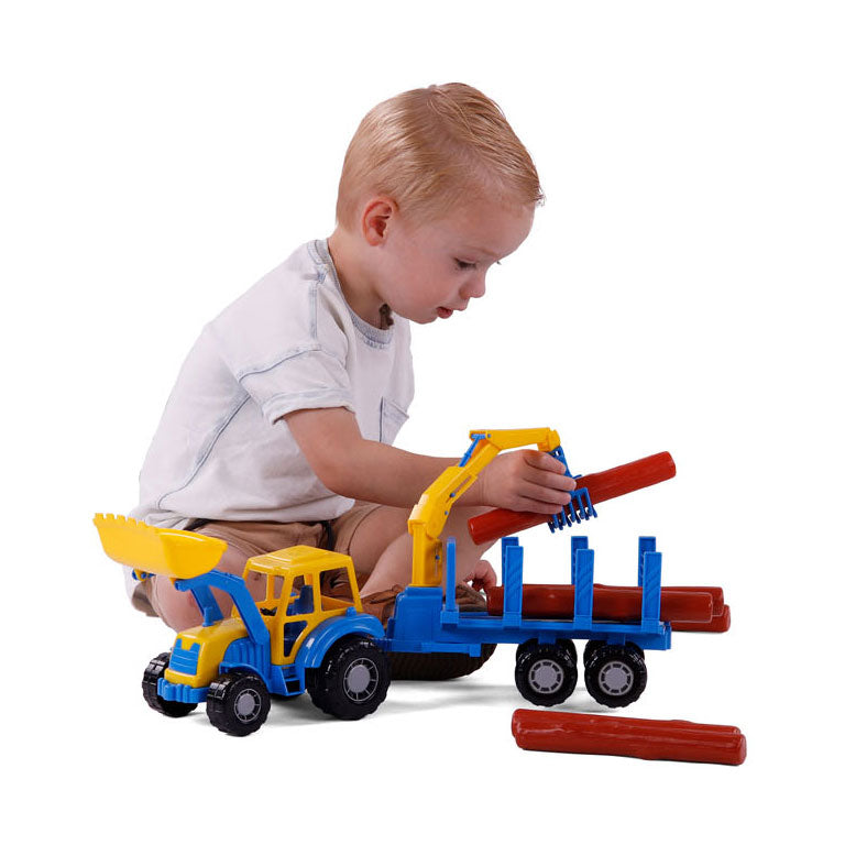 Cavallino toys cavallino junior tractor met kraan aanhangwagen en hout, 46cm