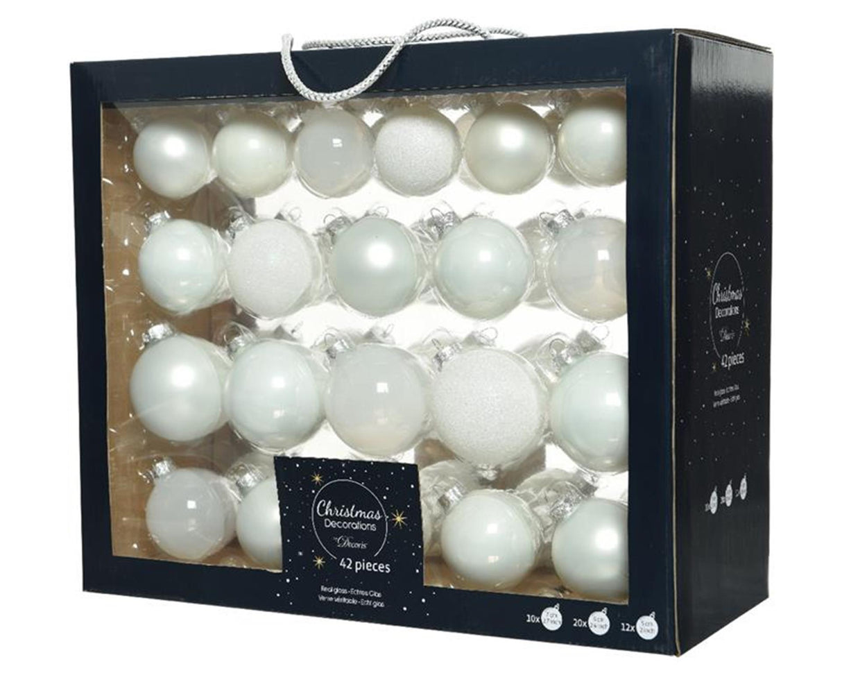 Decoris kerstballenset van glas winter wit box a 42 stuks