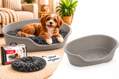 Flamingo mand tuck ovaal grijs – maat s – 58×38×20 cm – comfortabele kunststof hondenmand voor kleine honden en pups