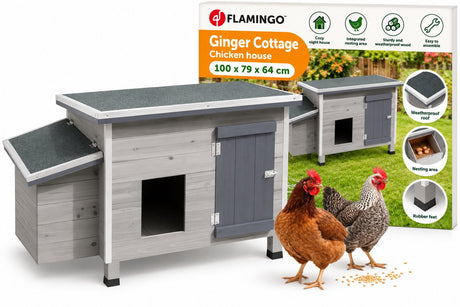 Flamingo kippenhok ginger cottage - 100 x 79 x 64 cm - grijs houten hok met legnest en buitenren - duurzaam, ruim en stijlvol