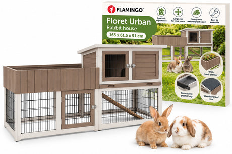 Flamingo konijnenhok met ren – groot konijnenhok voor buiten met nachthok, uitloopren en kruidenbak – 165x64,5x92 cm – konijnenhok floret urban bruin