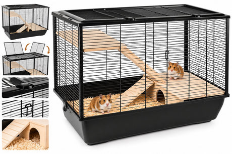 Flamingo hamsterkooi – elsa – caviakooi dwergkonijnenkooi – grote knaagdierenkooi met platforms, loopplanken en schuilplaats – metaal zwart hout naturel – 77x47x60 cm – europese kwaliteit xl