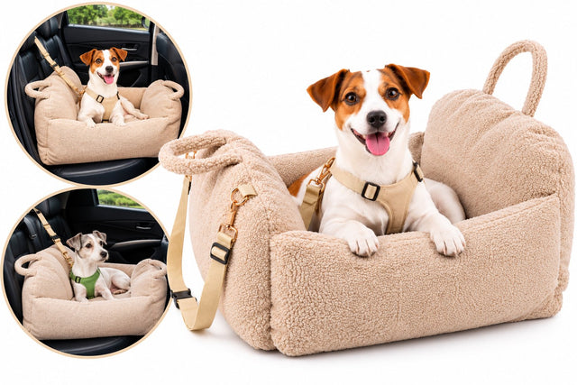 Flamingo autostoel hond – autostoel clifford beige – 60x60x33cm – veilig comfortabel – wasbare hoes