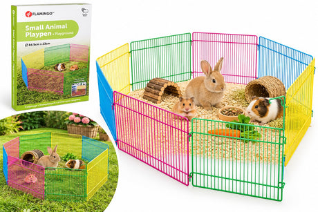 Flamingo konijnenren – knaagdierren – ren meerkleurig – ø84,5cm hoogte 23cm – 8 panelen – metaal – 1 deur met haaksluiting – opvouwbaar – voor kleine knaagdieren – binnen en buiten