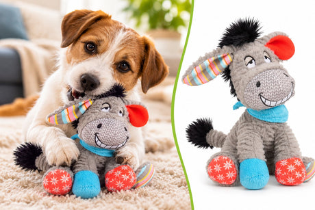 Flamingo hondenspeelgoed – molly ezel zittend grijs 20cm – pluche hondenspeeltje met squeaker – zachte hondenknuffel one size