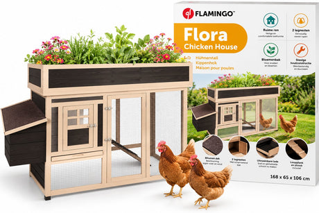Flamingo kippenhok met ren – kippenren voor buiten – kippenhok met uitloopren – 168x65x106 cm – kippenren flora country bruin