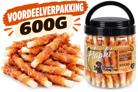 Flamingo hondensnack – r’hide staaf wit met kip – hondensnacks – honden snacks – hondensnoepjes – glutenvrij – zonder toegevoegde suikers – 600g bewaaremmer