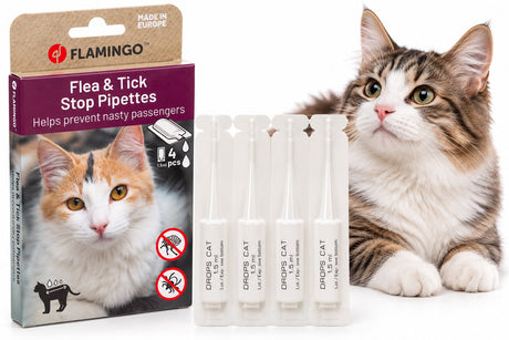 Flamingo vlooiendruppels kat – batali vlo teek stop pipetten 4x1,5ml – anti-parasietendruppels – tegen vlooien – teken en mijten – met dimethicone – zonder insecticide – geschikt vanaf 3 maanden – voor alle huidtypes