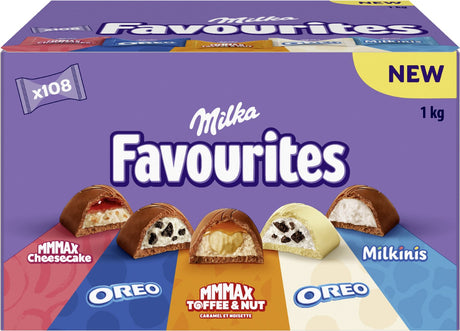 Milka favourites chocolade pralines mix vaderdagcadeau - 5 smaken - cheesecake, oreo melk wit, toffee nut, milkini - 108 chocolaatjes - 1kg - kantoor en uitdeel bij koffie - voorraad - verjaardag cadeau vrouw of man - bonbons en pralinés